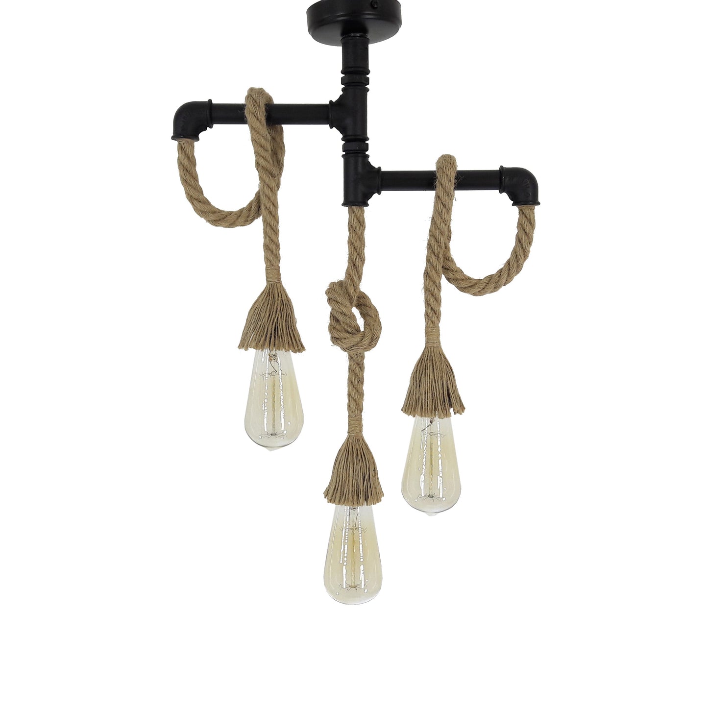 Fienzi - HT038 Industrial Metalen Hanglamp, 3 lampen - Chandelier & Pendant Style van houtkleurig touw - 40x50 cm - Industrieel verlichting voor Loft, Cafe, Bar, Restaurant, Kantoor