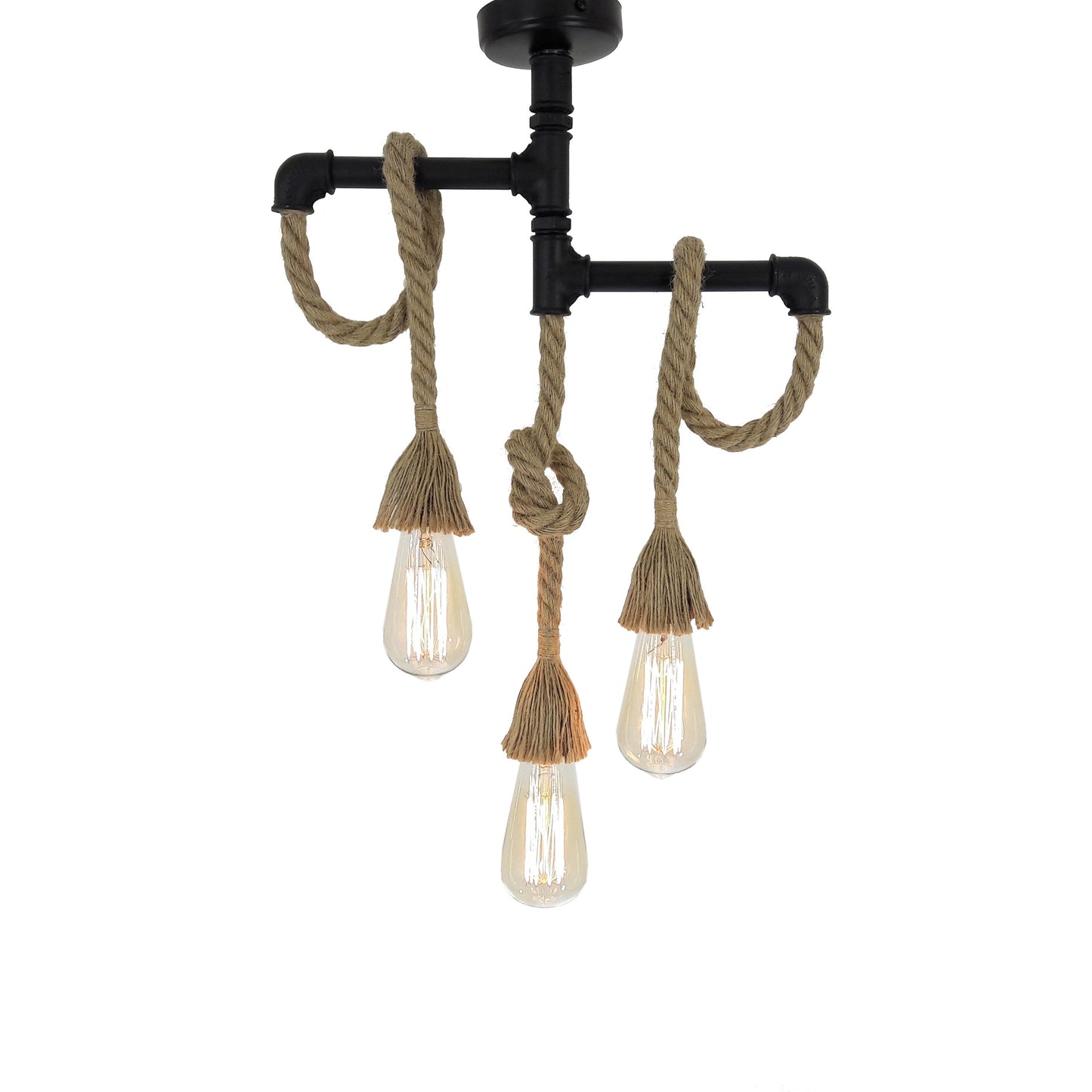 Fienzi - HT038 Industrial Metalen Hanglamp, 3 lampen - Chandelier & Pendant Style van houtkleurig touw - 40x50 cm - Industrieel verlichting voor Loft, Cafe, Bar, Restaurant, Kantoor