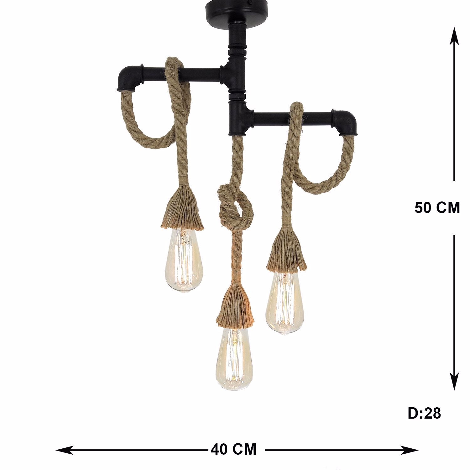 Fienzi - HT038 Industrial Metalen Hanglamp, 3 lampen - Chandelier & Pendant Style van houtkleurig touw - 40x50 cm - Industrieel verlichting voor Loft, Cafe, Bar, Restaurant, Kantoor