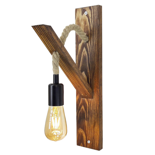 HT102 - Industrial Wood Wall Lamp, Vintage- Retro, Wood & Rope