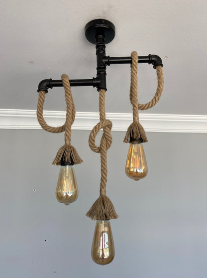 Fienzi - HT038 Industrial Metalen Hanglamp, 3 lampen - Chandelier & Pendant Style van houtkleurig touw - 40x50 cm - Industrieel verlichting voor Loft, Cafe, Bar, Restaurant, Kantoor